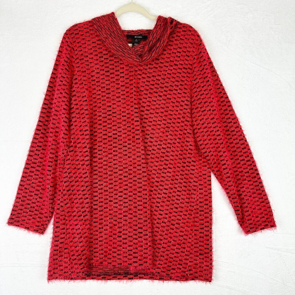 Ali Miles Cowl Neck Eyelash Tunic Sweater Size XL Red Checkered
